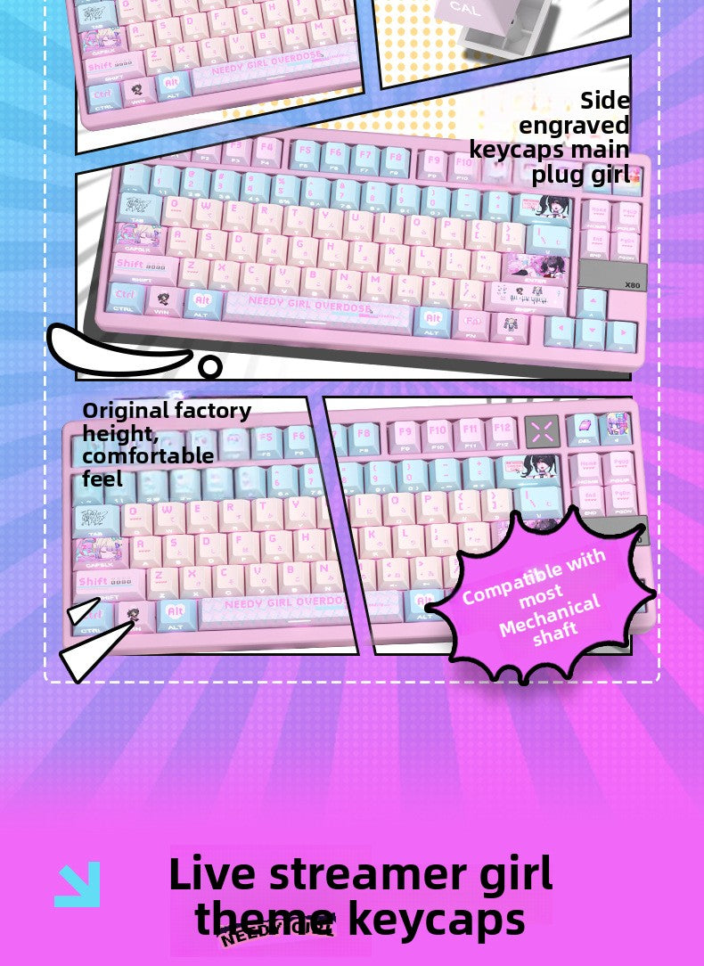Streamer Girl Side-Engraved Original Translucent Keyboard Keycaps Small Full Set PBT Dye-Sublimation Compatible with Logitech and Wooting