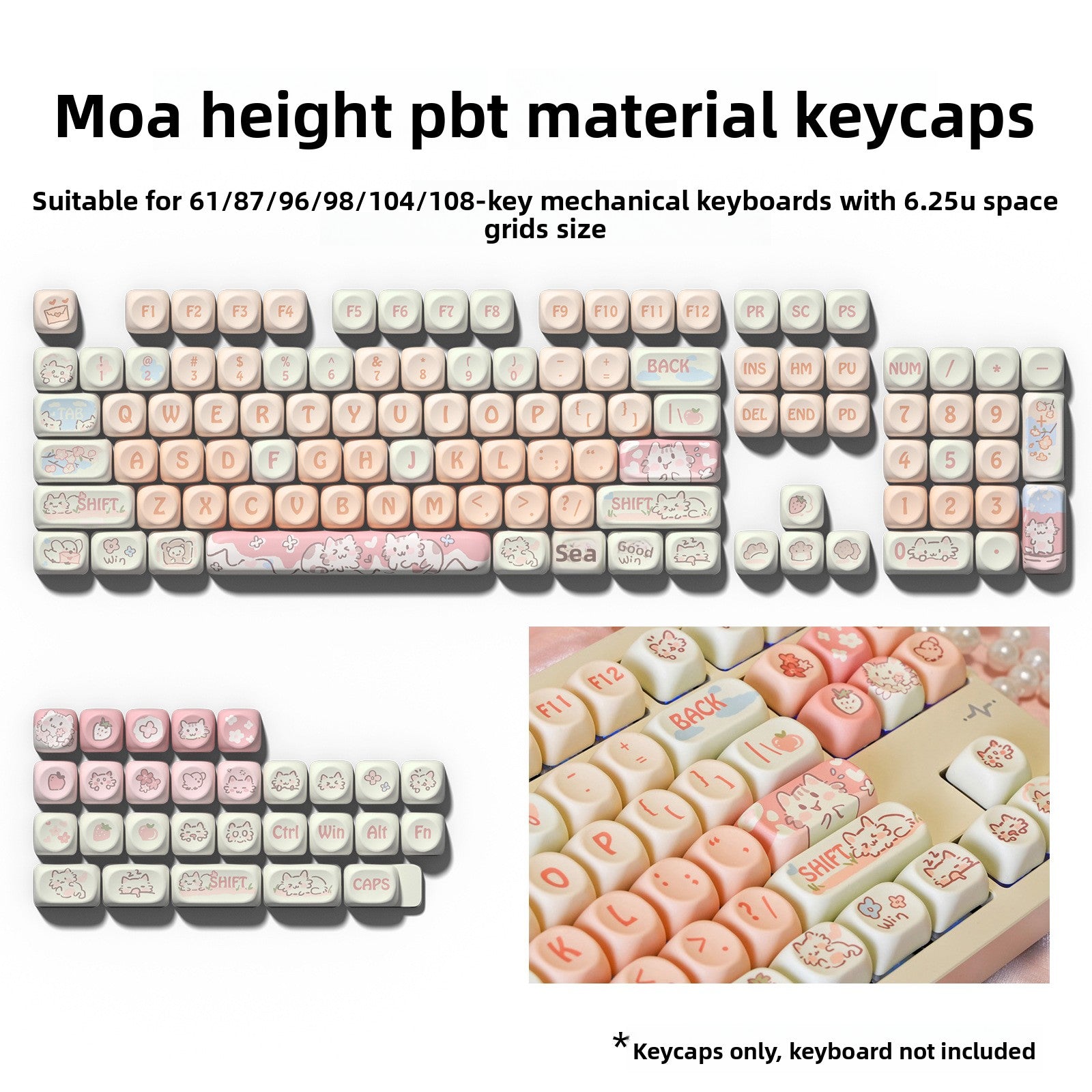 MOA Highly Off-White Light Pink Strawberry Kitten Sublimation Keycap 75 98 Full Set Mechanical Keyboard Keycap