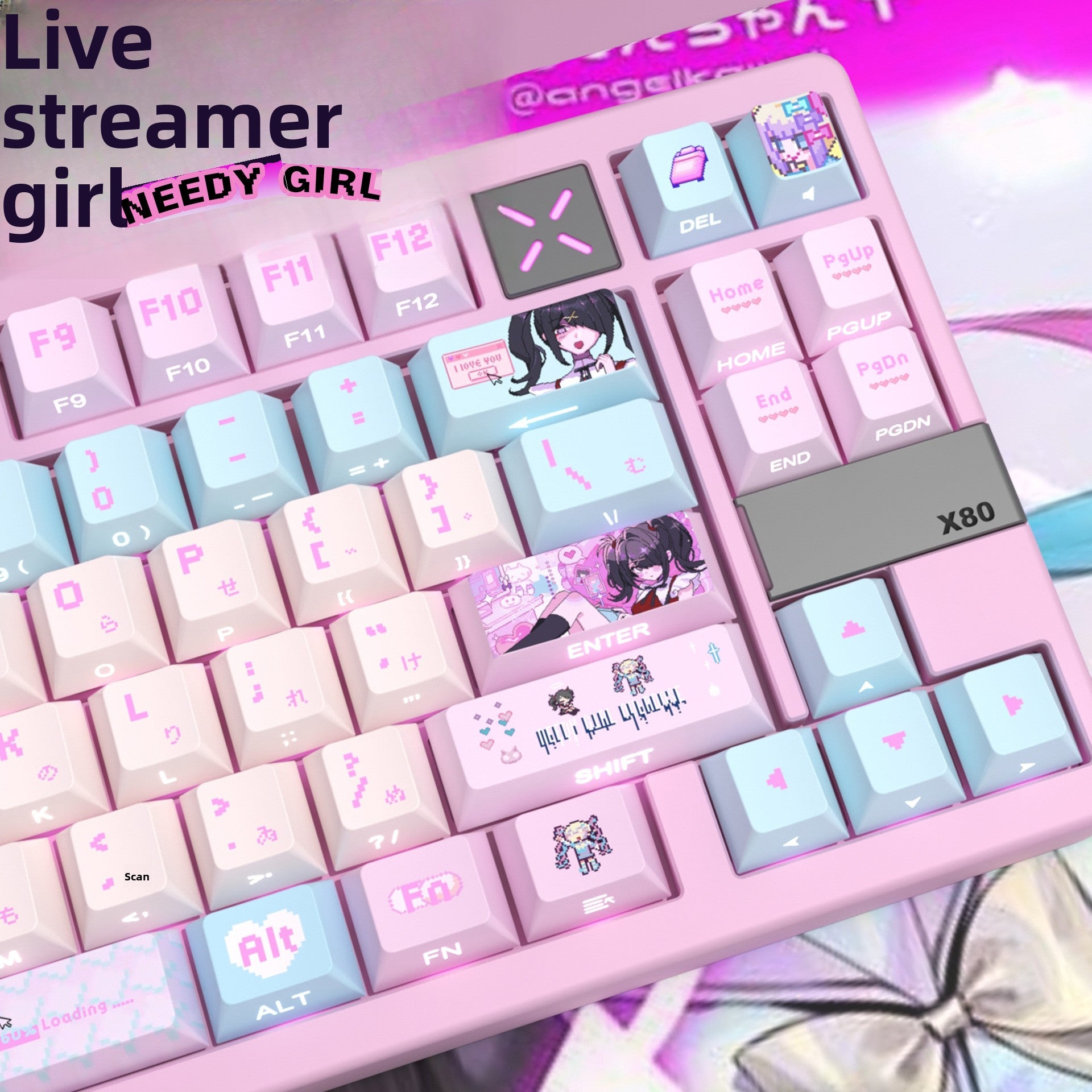 Streamer Girl Side-Engraved Original Translucent Keyboard Keycaps Small Full Set PBT Dye-Sublimation Compatible with Logitech and Wooting