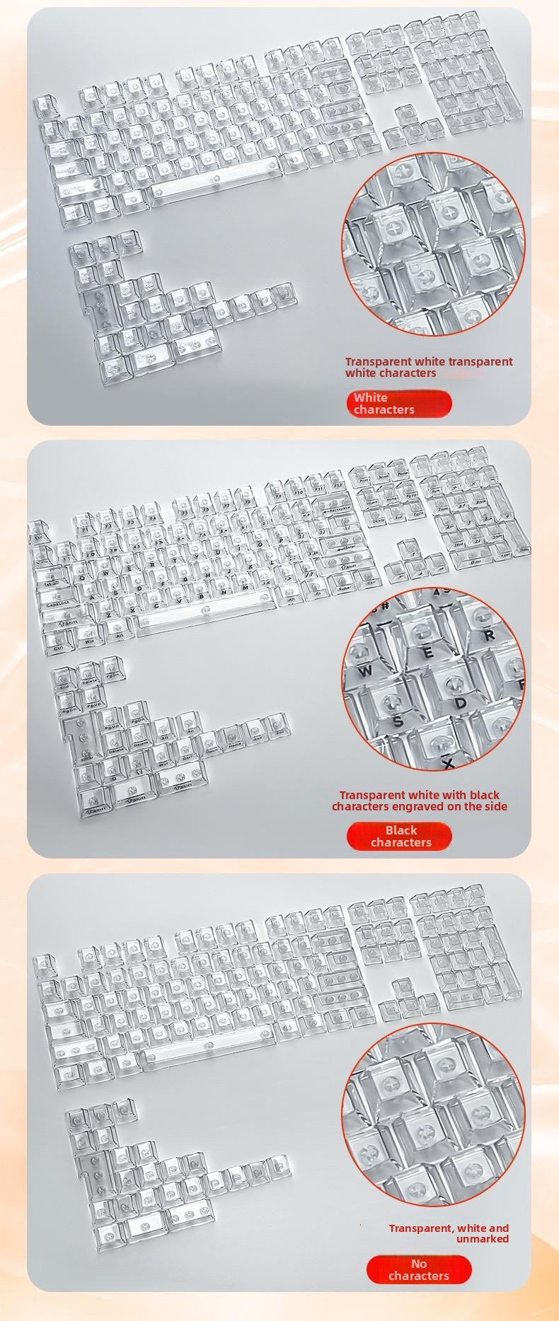 132 Keys Fully Transparent DIY-customized Fog Transparent Keycap Transparent PC Material Side Engraved Mechanical Keyboard Keycap