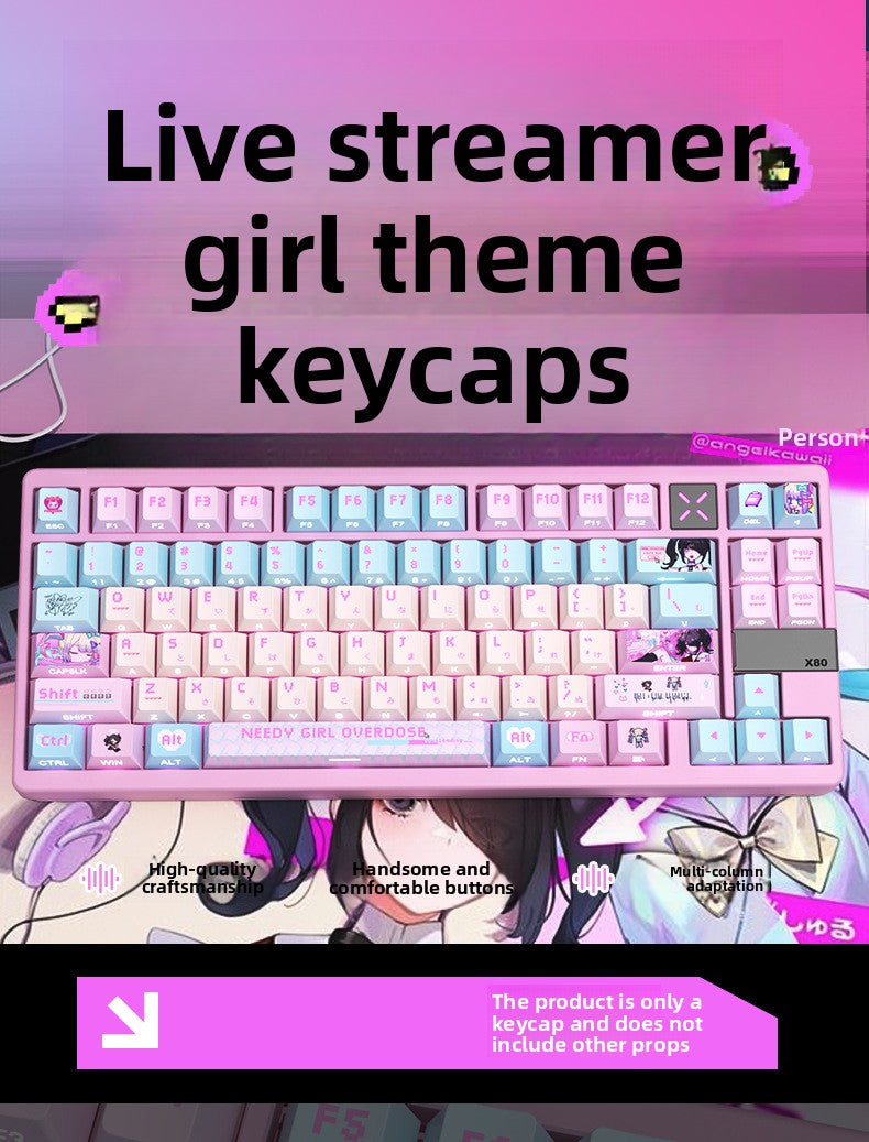 Streamer Girl Side-Engraved Original Translucent Keyboard Keycaps Small Full Set PBT Dye-Sublimation Compatible with Logitech and Wooting