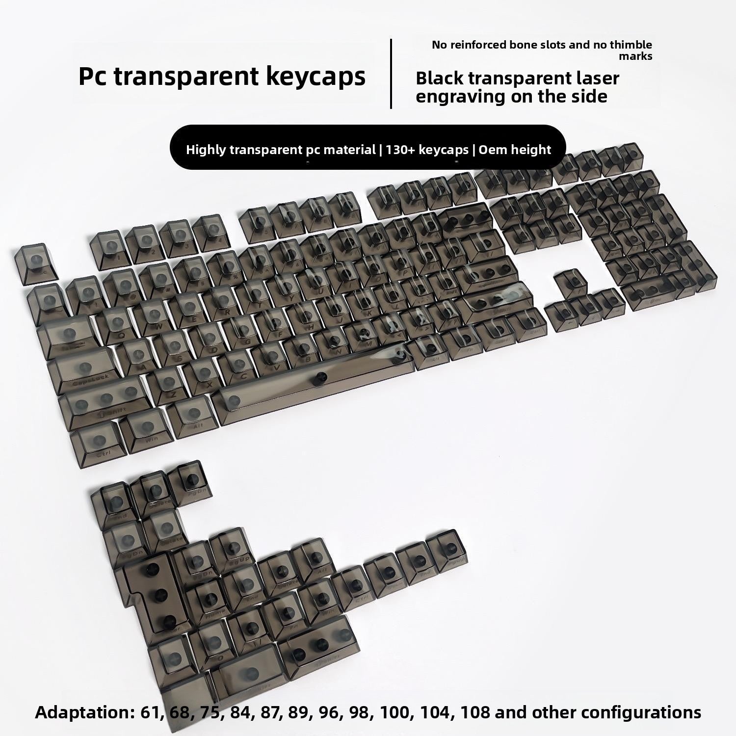 132 Keys Fully Transparent DIY-customized Fog Transparent Keycap Transparent PC Material Side Engraved Mechanical Keyboard Keycap