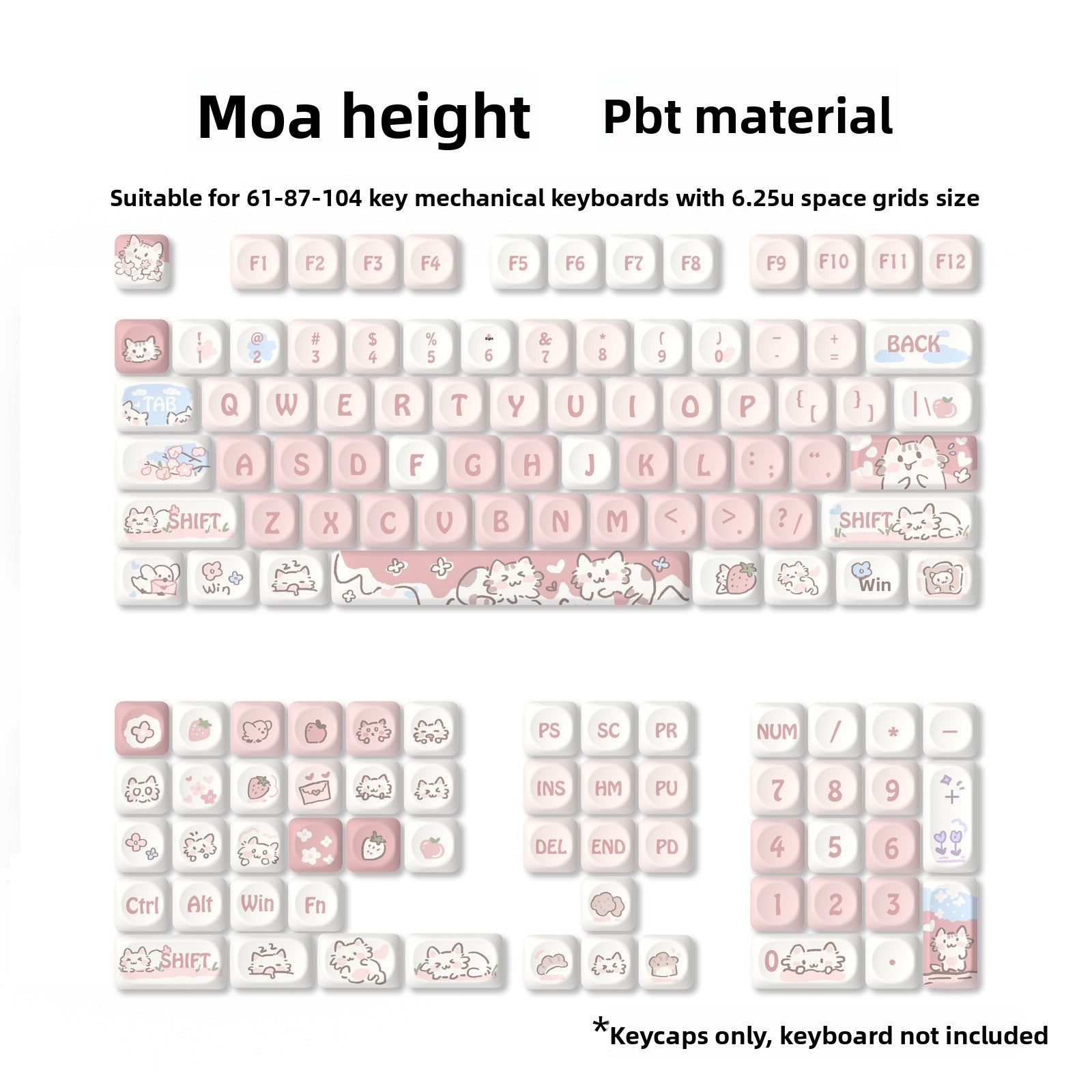 MOA Highly Off-White Light Pink Strawberry Kitten Sublimation Keycap 75 98 Full Set Mechanical Keyboard Keycap