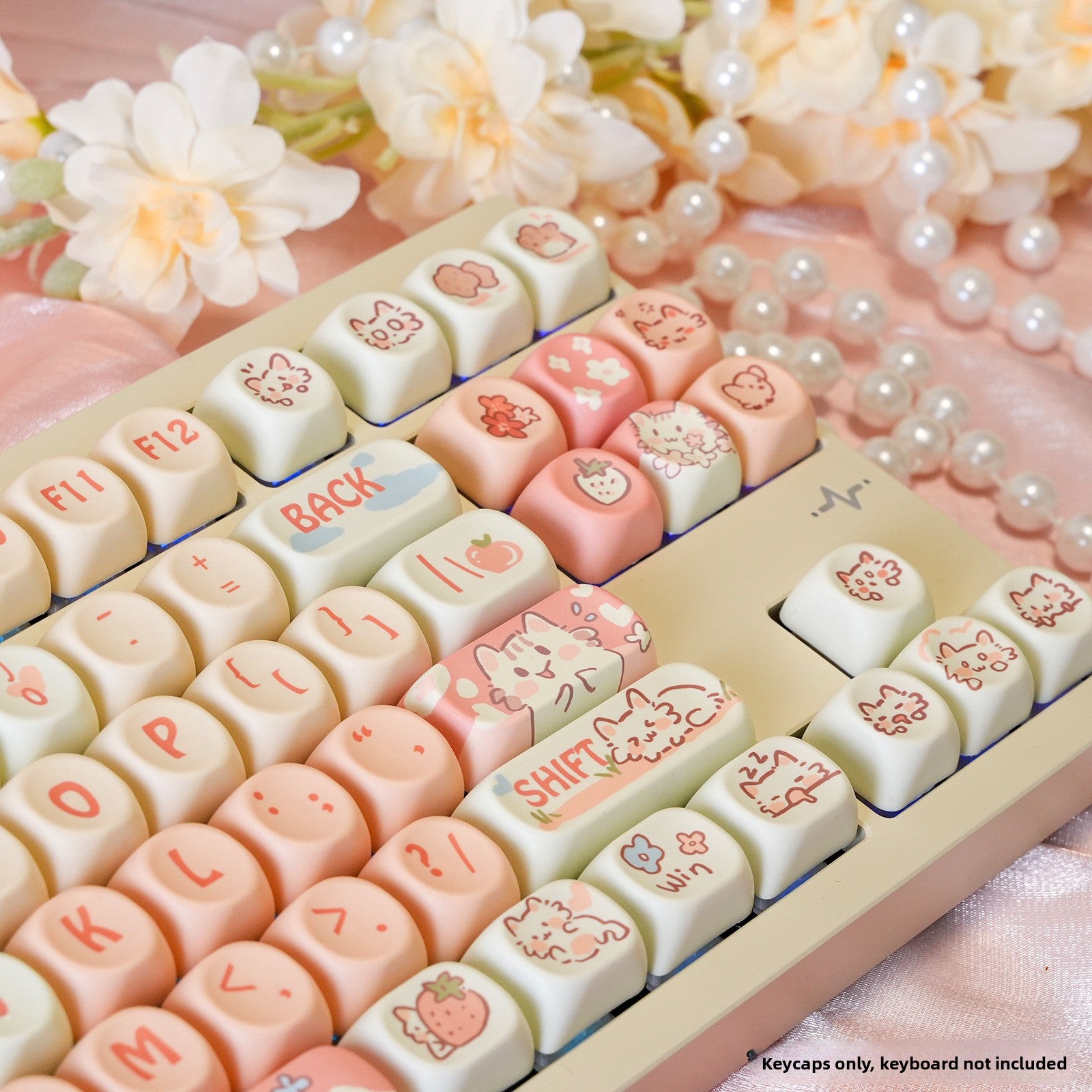 MOA Highly Off-White Light Pink Strawberry Kitten Sublimation Keycap 75 98 Full Set Mechanical Keyboard Keycap