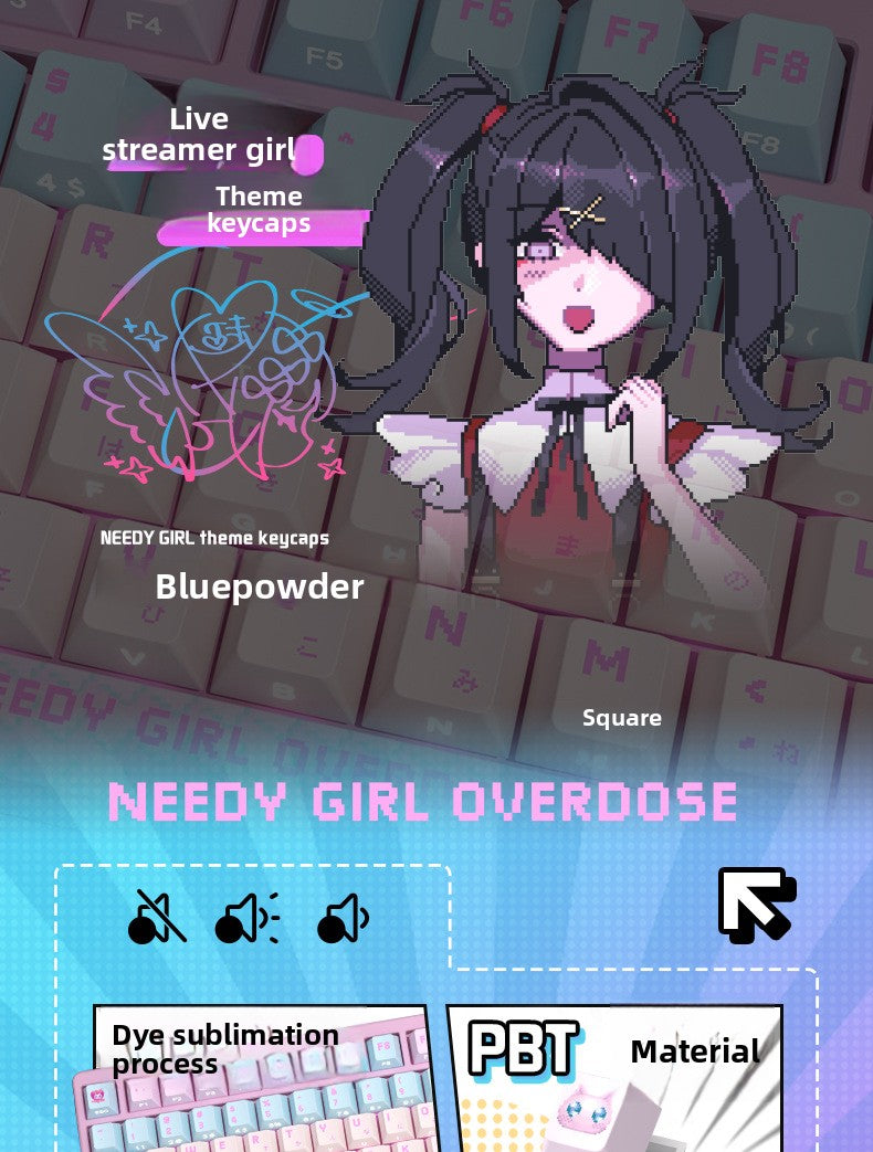 Streamer Girl Side-Engraved Original Translucent Keyboard Keycaps Small Full Set PBT Dye-Sublimation Compatible with Logitech and Wooting