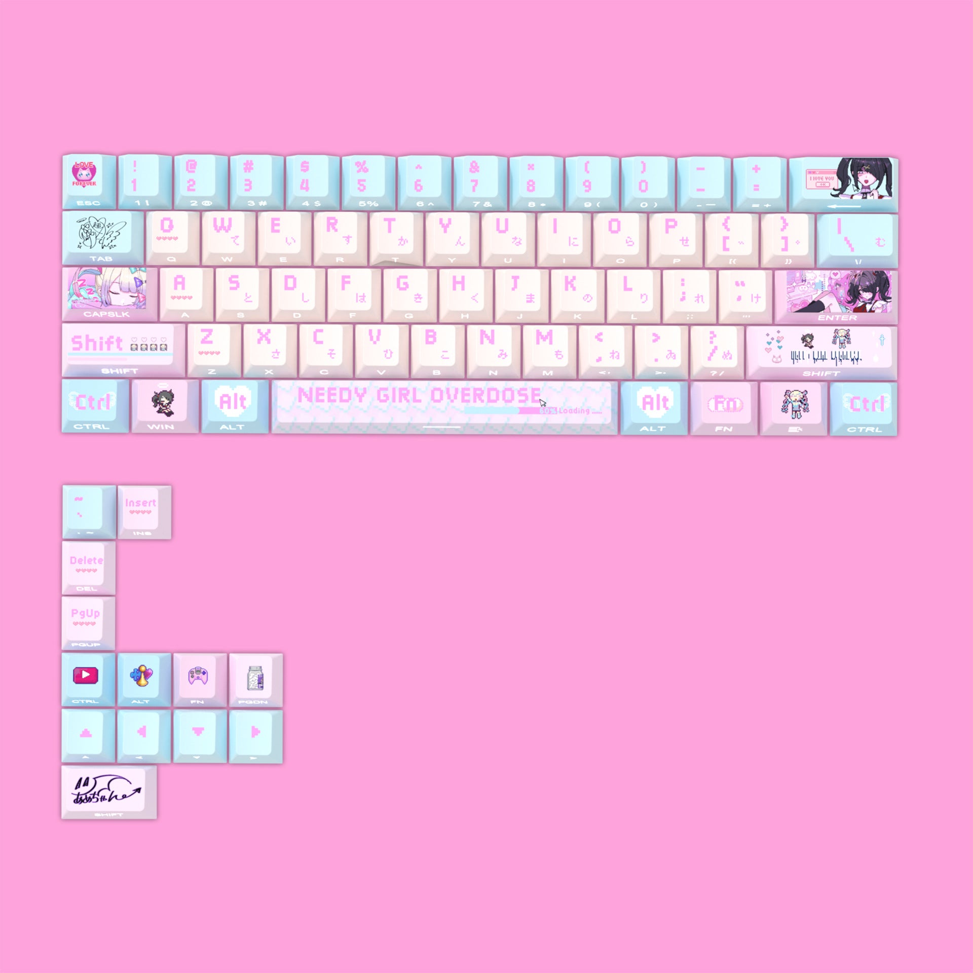 Streamer Girl Side-Engraved Original Translucent Keyboard Keycaps Small Full Set PBT Dye-Sublimation Compatible with Logitech and Wooting