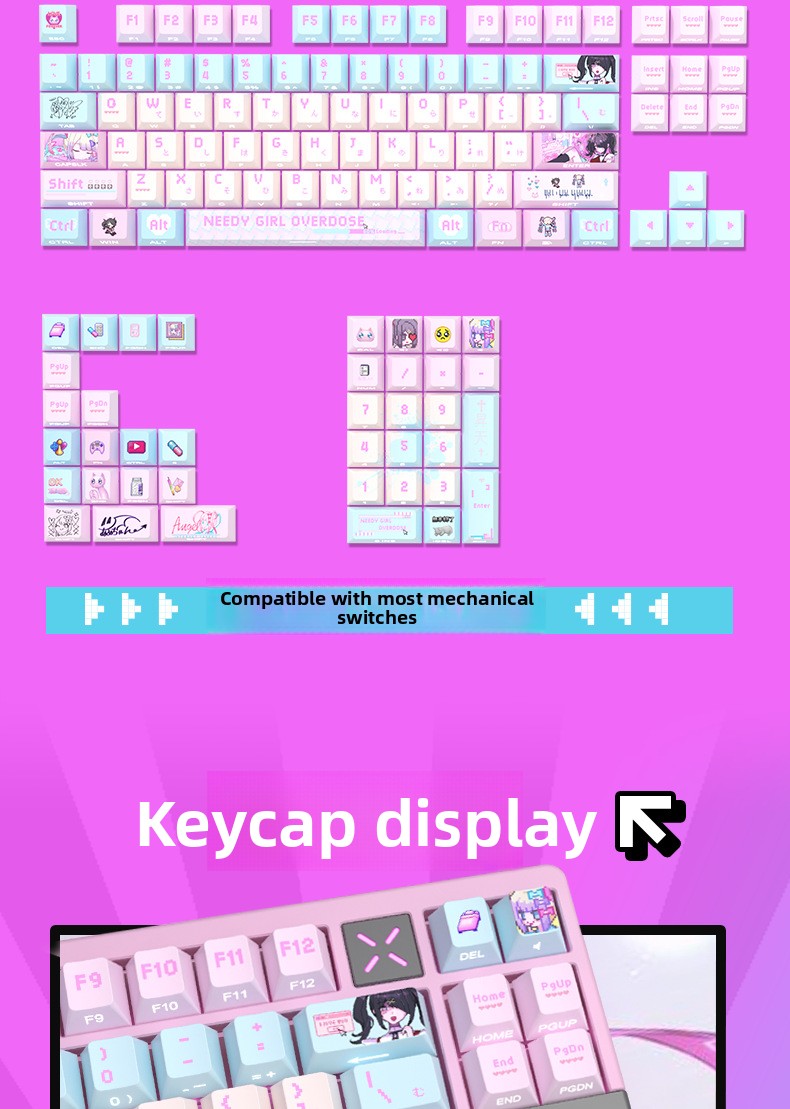 Streamer Girl Side-Engraved Original Translucent Keyboard Keycaps Small Full Set PBT Dye-Sublimation Compatible with Logitech and Wooting