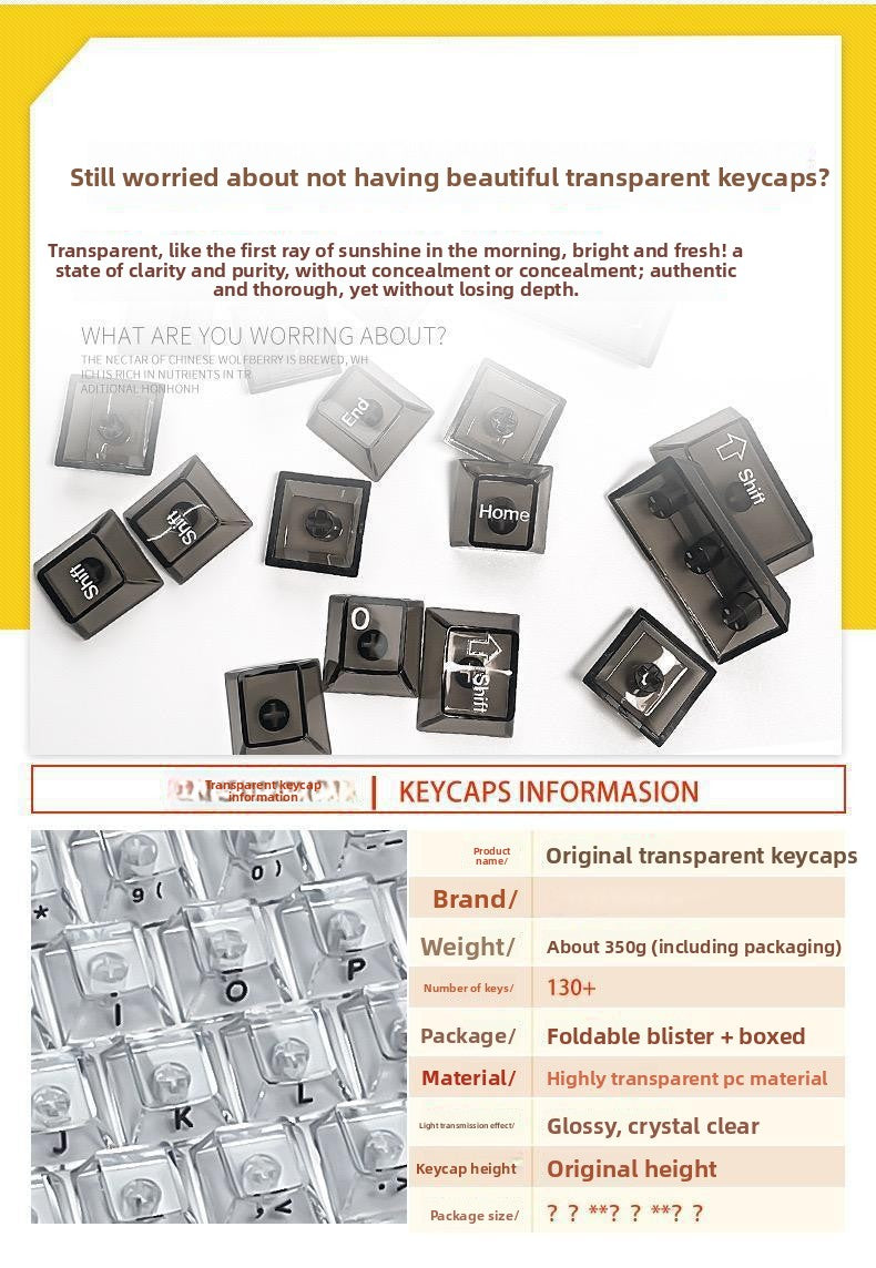 132 Keys Fully Transparent DIY-customized Fog Transparent Keycap Transparent PC Material Side Engraved Mechanical Keyboard Keycap