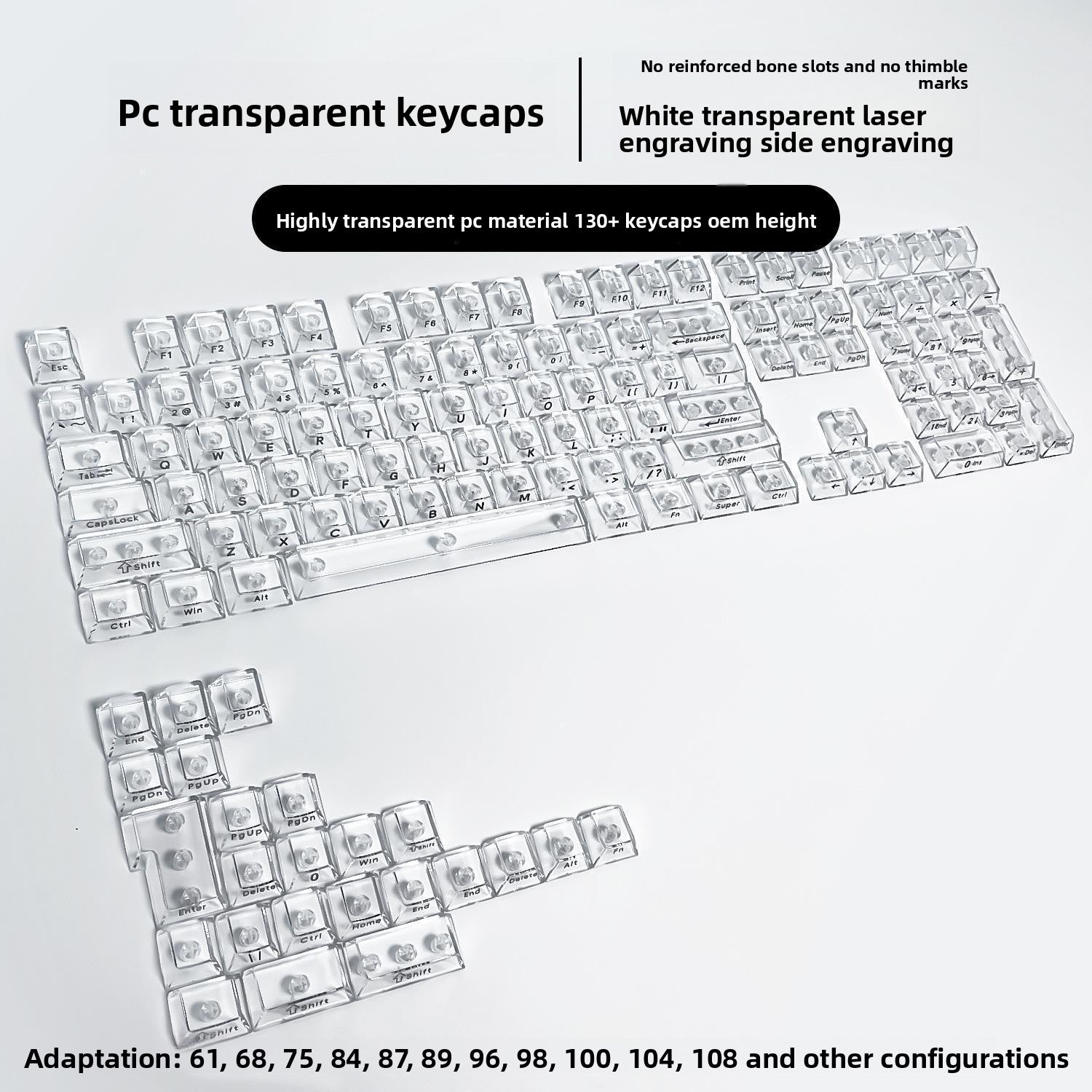 132 Keys Fully Transparent DIY-customized Fog Transparent Keycap Transparent PC Material Side Engraved Mechanical Keyboard Keycap